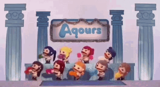 a group of cartoon characters are standing in front of a sign that says aoours .
