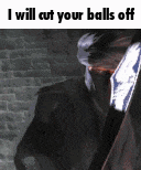 a man is holding a knife in front of a brick wall and says i will cut your balls off .