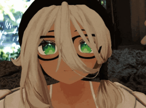 a girl with white hair and green eyes is wearing a black hat
