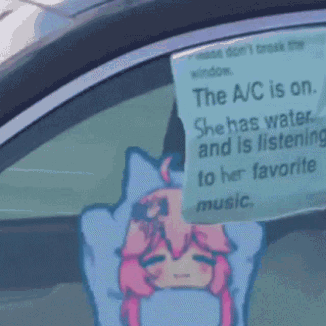 a sign in the window of a car that says the a/c is on she has water and is listening to her favorite music