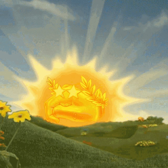 a cartoon illustration of a sun with a laurel wreath around its face