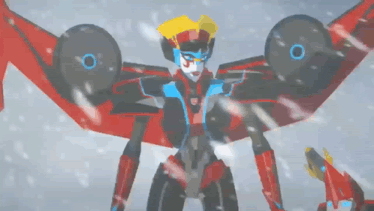 a robot with red wings and a yellow head