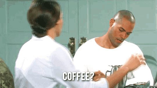 a man and a woman are talking about coffee