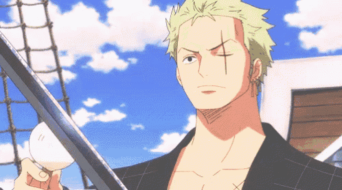 a man with green hair is holding a sword with a blue sky in the background
