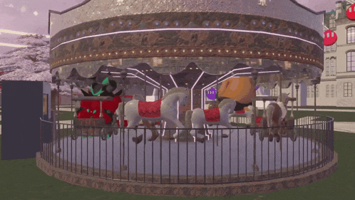 a merry go round with a fence around it and a robot in the middle