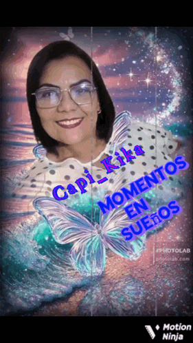 a woman wearing glasses and a polka dot shirt is surrounded by butterflies