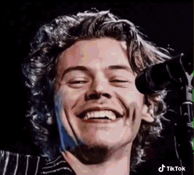 harry styles is smiling while singing into a microphone on stage .