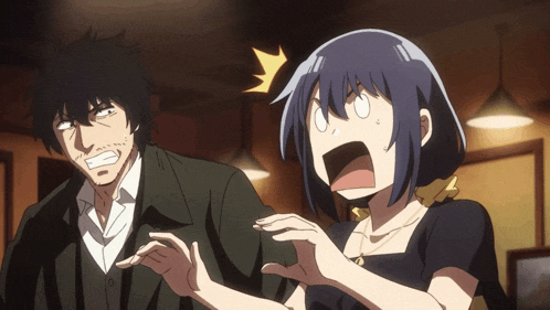 a man and a woman are standing next to each other with their mouths open