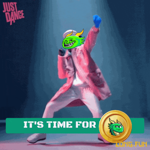 a man in a pink coat is dancing in front of a sign that says " it 's time for long fun "