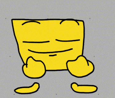 a cartoon drawing of a yellow square with eyes closed and feet