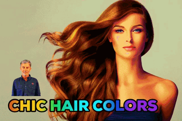 a picture of a woman with long hair and the words chic hair colors below her