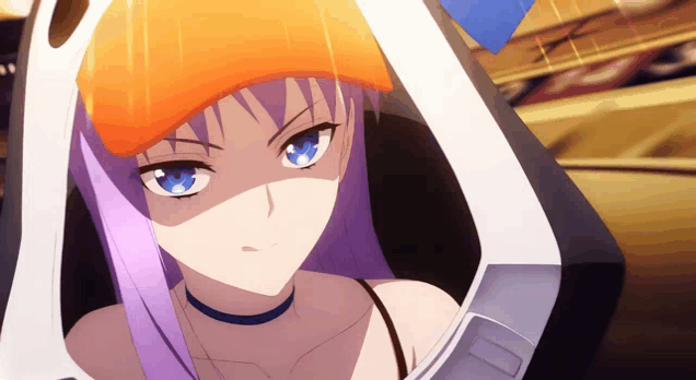 a purple haired anime girl wearing an orange hat