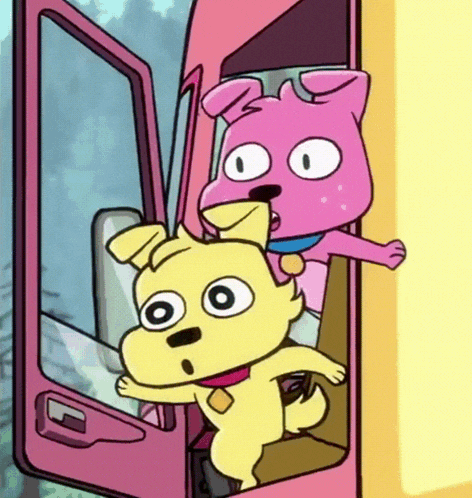 a pink dog and a yellow dog are standing in a bus