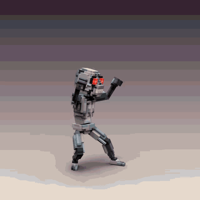 a pixel art of a robot with red eyes standing up
