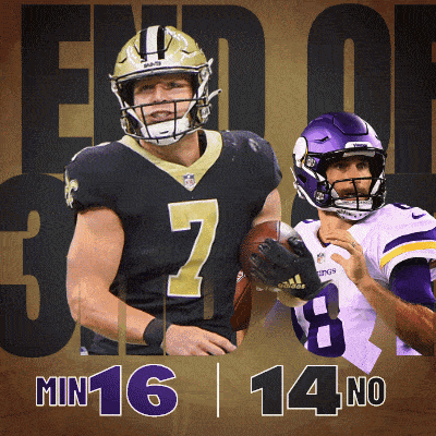 two football players standing next to each other with the words " end of min 16 14 no " behind them