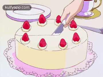 a cartoon drawing of a cake with strawberries and a cup of tea
