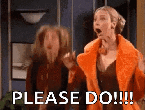 two women are standing next to each other with one saying please do