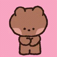 a cartoon brown teddy bear is standing on a pink background .