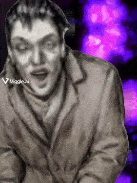 a black and white photo of a man with a purple background and the words viggle.ai on the bottom right