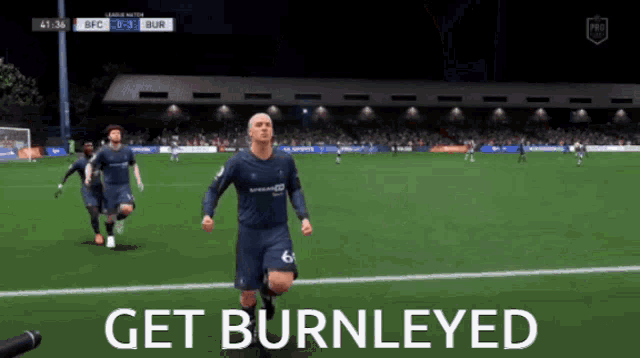 a soccer player is running on the field with the words get burneyed in the background