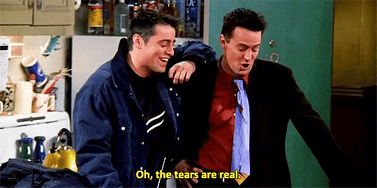 two men are standing next to each other and one of them is saying oh the tears are real