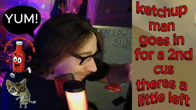 a man talking into a microphone next to a sign that says ketchup man goes in for a 2nd