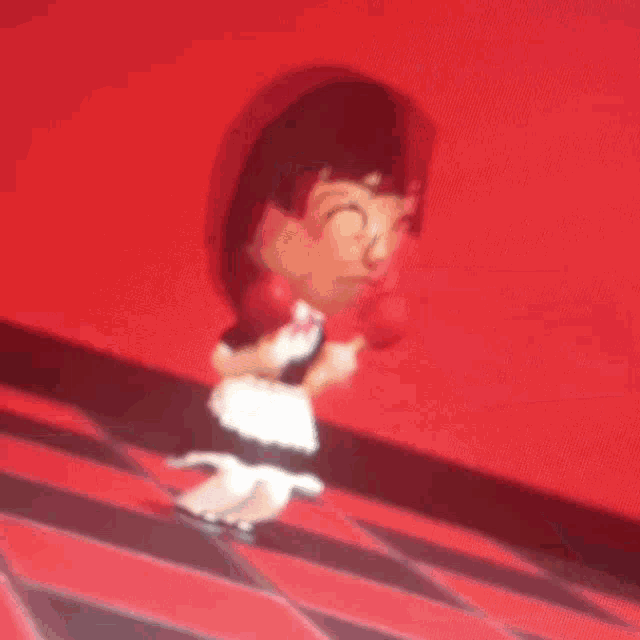 a video game character is dancing on a red and black tile floor
