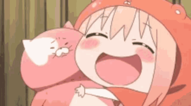 a cartoon girl is holding a stuffed animal in her arms and smiling .
