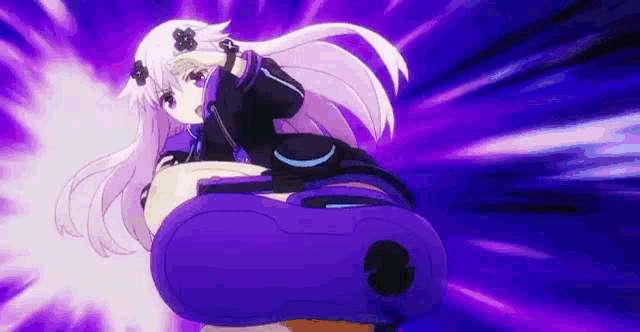a purple anime girl with white hair is kicking a person in the face .
