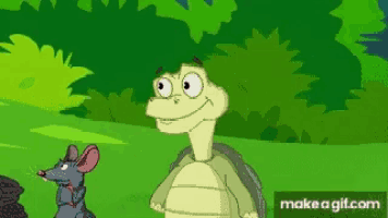 a turtle and a mouse are standing next to each other in a cartoon