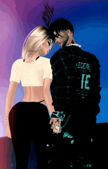 a man and a woman are standing next to each other and the man is wearing a jacket that says legend ie