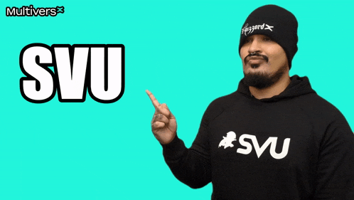 a man wearing a beanie and a sweatshirt with the word svu on it