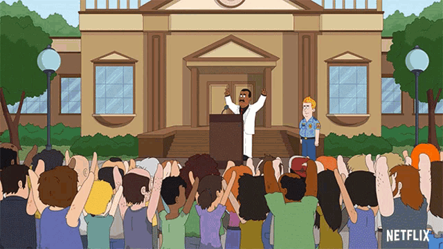 a cartoon of a man giving a speech in front of a crowd with a netflix logo below him