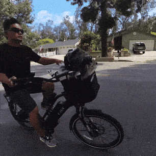 a man is riding a bike with a dog in a basket that says i-bike