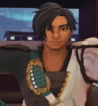 a close up of a cartoon character with a sword on his shoulder .