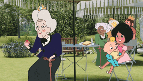 a cartoon drawing of an elderly woman with a cane and a crown on her head