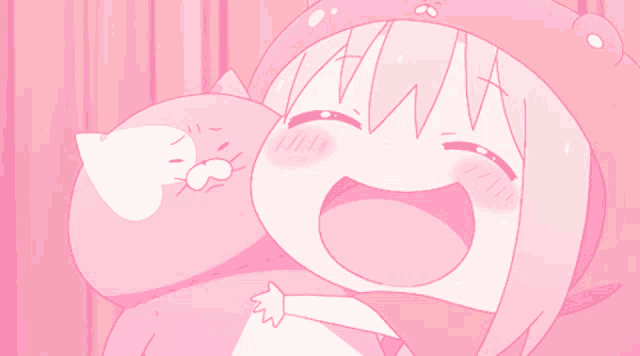 a pink anime character with a cat on her head