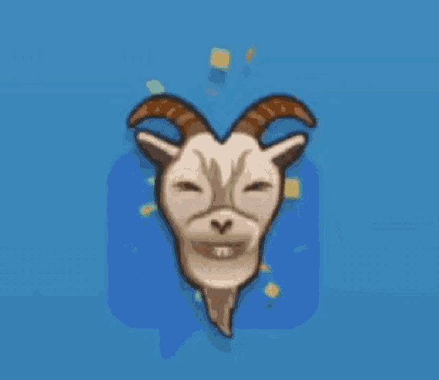 a cartoon drawing of a goat 's head with horns and a long tongue on a blue background .