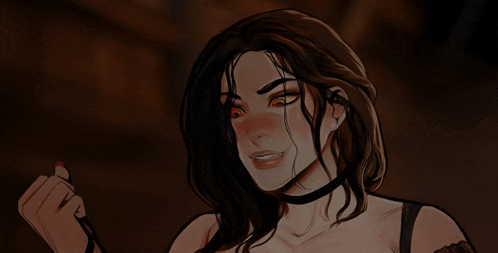 a drawing of a woman with red eyes and a choker on her neck