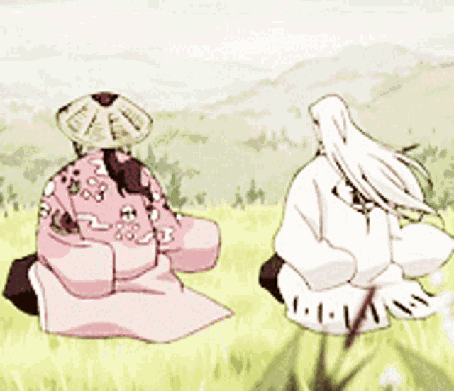 a cartoon of two people sitting in the grass with one wearing a hat