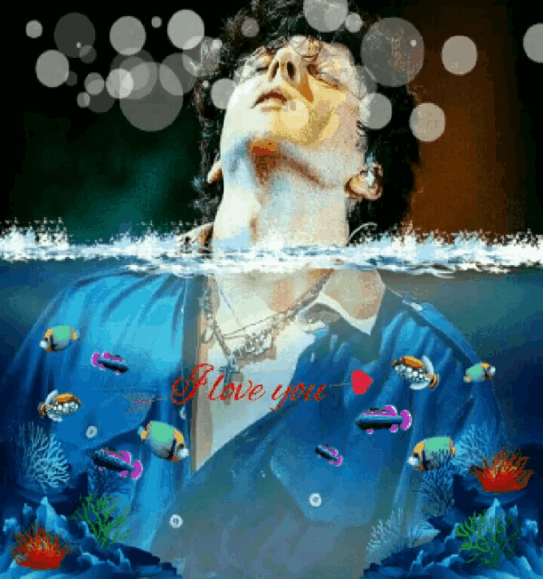 a painting of a man in the water with the words " i love you "