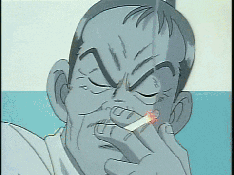 a cartoon of a man smoking a cigarette with a blue background