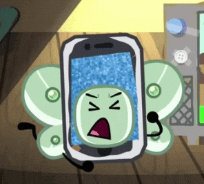 a cartoon drawing of a cell phone with wings and a face