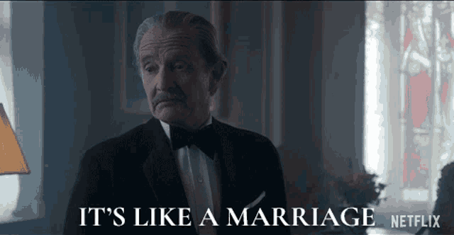 a man in a tuxedo says it 's like a marriage on a netflix poster