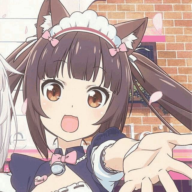 a close up of a maid with a badge on her chest that says choco