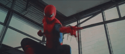 a man in a spiderman costume is flying through the air in a painting .