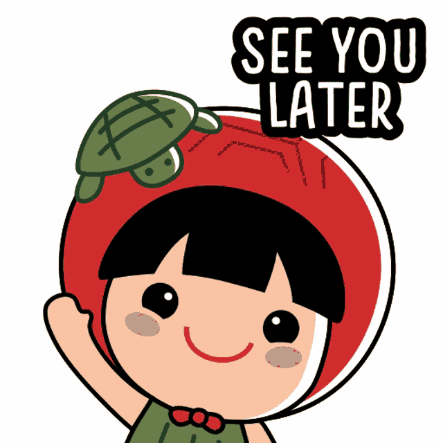 a girl with a turtle on her head and the words see you later
