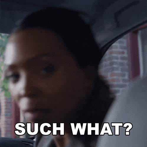 a woman sitting in a car with the words such what written on her face