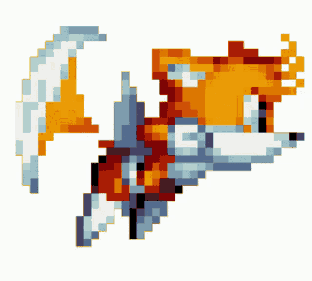 a pixel art drawing of a fox with a blue tail
