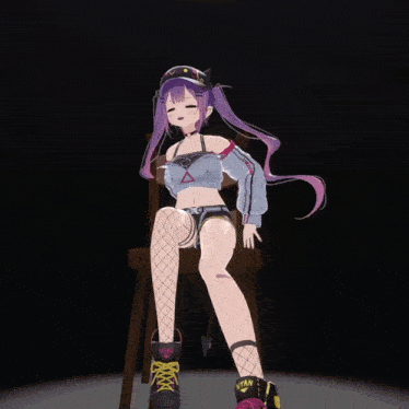 a girl with purple hair is sitting in a chair with her eyes closed